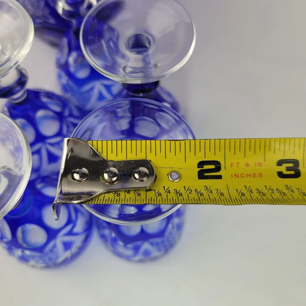 Vintage Bohemian Cobalt Blue Cut to Clear Crystal Decanter 5 Cordial Glasses Set